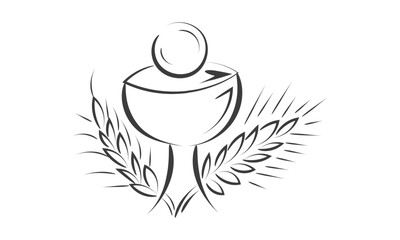 First Communion Embroidery Design. Eucharist In Chalice with Grapes and wheat for print or use as poster, card, flyer or T Shirt