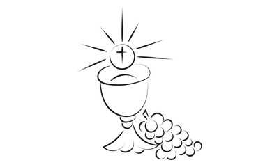 First Communion Embroidery Design. Eucharist In Chalice with Grapes and wheat for print or use as poster, card, flyer or T Shirt