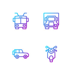 Set line Scooter, Off road car, Trolleybus and Delivery cargo truck. Gradient color icons. Vector