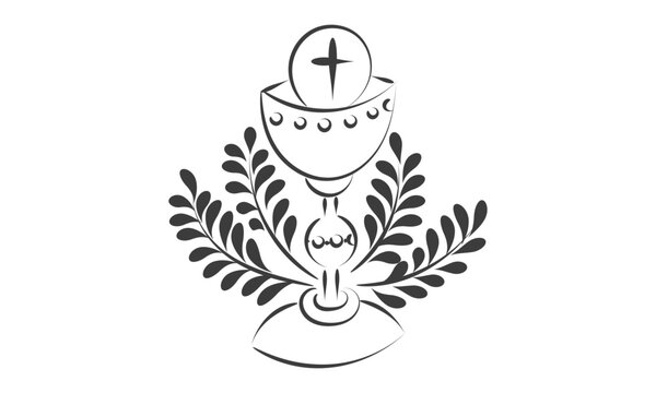 First Communion Embroidery Design. Eucharist In Chalice with Grapes and wheat for print or use as poster, card, flyer or T Shirt