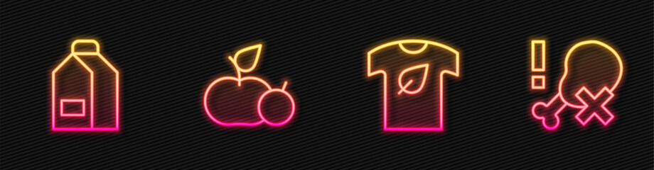 Set line Vegan shirt, Paper package for milk, Apple and No chicken leg. Glowing neon icon. Vector