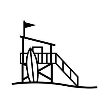 Logo vacaciones de verano. Torre salvavidas en la playa. Silueta lineal de torre de socorrista con tabla de surf 
