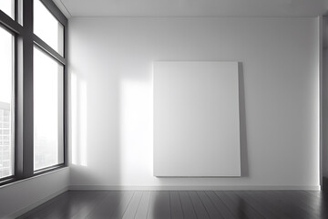 Blank white poster mockup on the white wall in the room. AI Generative