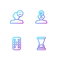 Set line Old hourglass, Sedative pills, Sad and depressed man, bad mood and Human with question mark. Gradient color icons. Vector