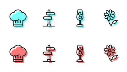Set line Wine glass, Chef hat, Road traffic sign and Flower icon. Vector