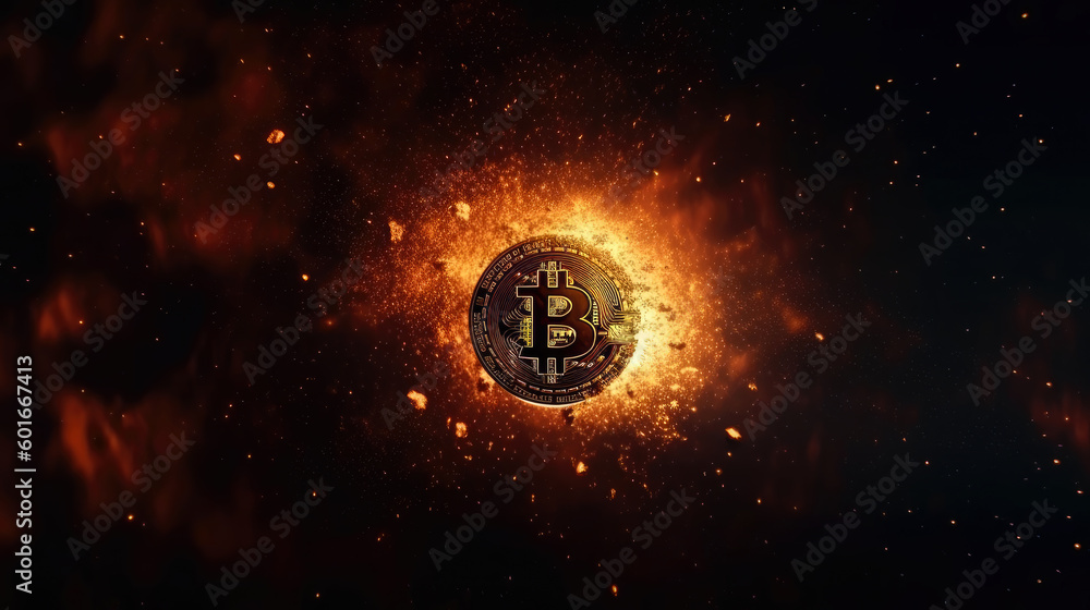 Aufkleber Bitcoin on cosmic fire background. generative ai.