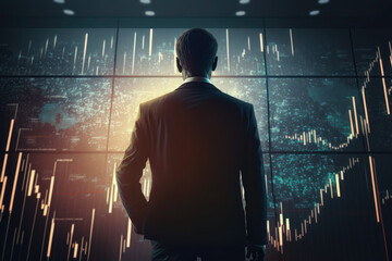 the man, investor is standing back, analyzes the securities market. Projector Screen Shows Graphs. AI generative
