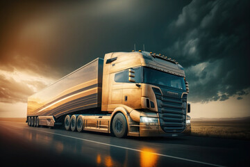 truck on the track, motorway. sunrise or sunset. the car makes international cargo transportation. AI generative