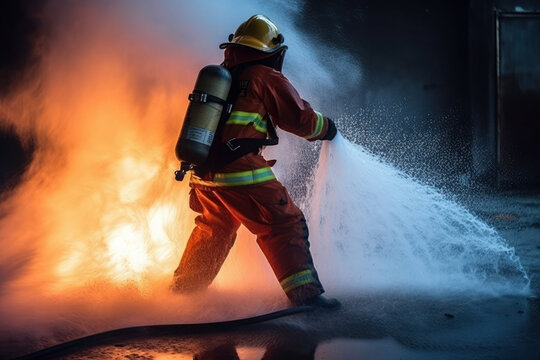 Firefighters, Fireman spraying high pressure water or suitable extinguishing agents to fire. ai generative