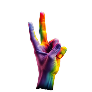 Painted hand with two fingers in the colors of the rainbow isolated, symbol of peace and love. Generative AI.