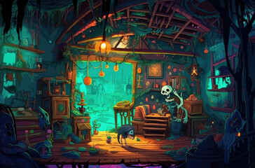 Obraz na płótnie Canvas cartoon character surrounded by spooky Halloween decorations in a room, generative AI