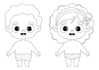 Two cute smiling kids in shorts. Outline drawing coloring book. Vector illustration. Childrens collection. Drawing coloring book. Isolated funny kids on white background