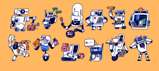 Cute robot characters set. Android bots, AI assistants in retro futuristic style. Smart service machines, funny childish humanoids, cyborgs cooking, repairing. Isolated flat vector illustration
