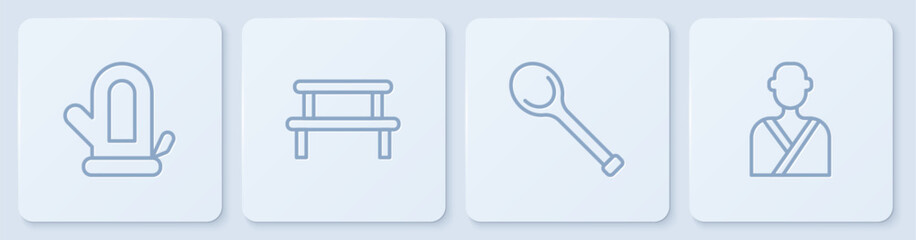 Set line Sauna mitten, ladle, wood bench and Man in the sauna. White square button. Vector