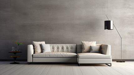 Fototapeta na wymiar Modern and minimalist sofa on the empty concrete wall of a living room. Generative AI