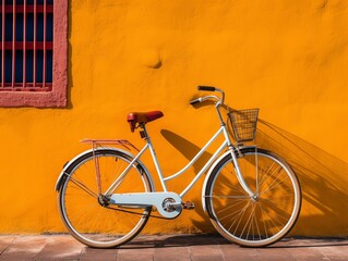 Naklejka na ściany i meble A vintage bicycle against a colorful wall, highlighting eco-friendly transportation. generative ai