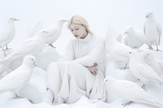 Artistic portrait of a blonde young woman with white birds, white on white. Created with Generative AI technology.