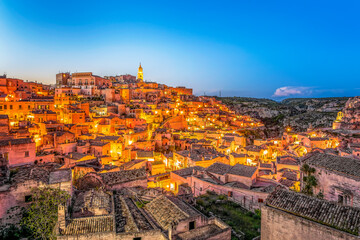 Obraz premium Scenic view of the city of Matera in Apulia in Italy by night