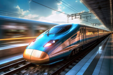 Fototapeta premium High speed bullet train speeding theough the countryside at sunset with motion blur. Generative AI.