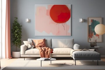 Hyper-Realistic Mockup of a Bauhaus-Inspired Modernist Living Room with Hovering Canvas