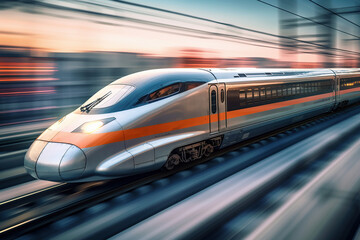 Obraz na płótnie Canvas High speed bullet train speeding theough the countryside at sunset with motion blur. Generative AI.