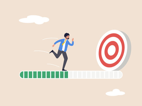 Improvement concept. Progress or journey to success or achieve a goal, business step or career path, mission or challenge to succeed. Ambitious businessman run on the progress bar to achieve success