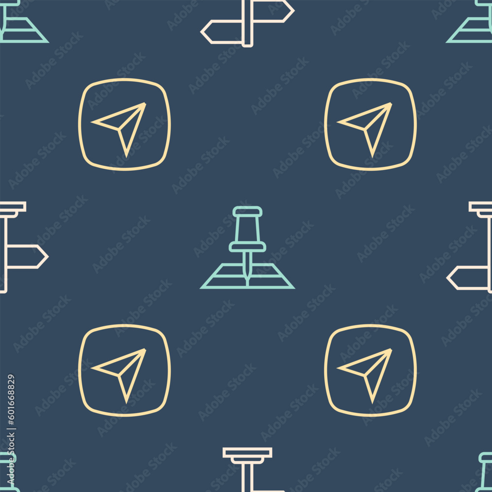Poster set line road traffic sign, city map navigation and folded with location marker on seamless pattern.