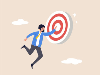 Reach goal concept. Set goal and take action to achieve goal or target, aiming or motivation to grow business and success, effort or skill. Businessman in the air, aiming for the bullseye target.