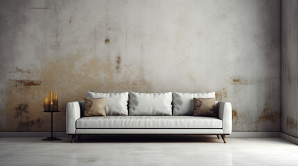 Modern and minimalist sofa on the empty concrete wall of a living room. Generative AI