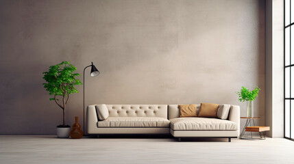 Modern and minimalist sofa on the empty concrete wall of a living room. Generative AI