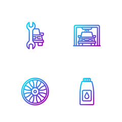 Set line Canister for motor machine oil, Alloy wheel car, Car service and wash. Gradient color icons. Vector