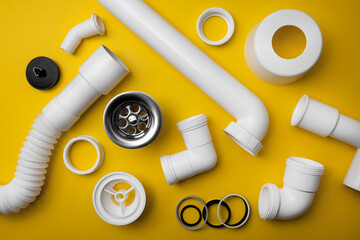 plumbing pvc plastic drain parts on yellow background. top view