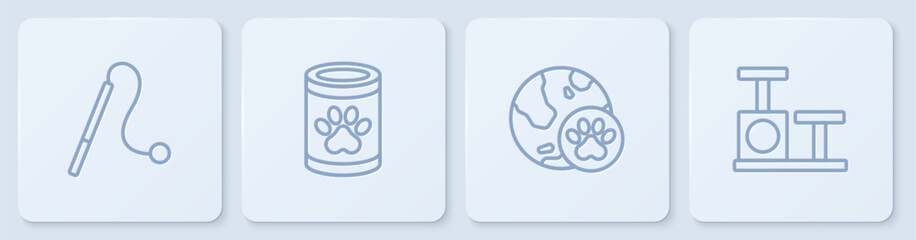 Set line Pet cat toy, World pet, Canned food and Cat scratching post with. White square button. Vector