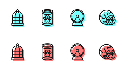 Set line Hamster wheel, Cage for birds, Canned food and World pet icon. Vector