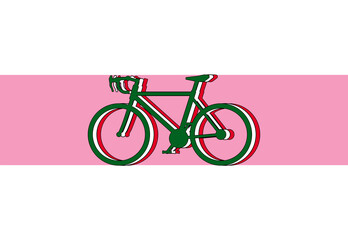 Giro d'Italia, bicycles in silhouette with the three colors of the flag green white and red, like the Italian tricolor. Pink background like the pink jersey of the first cyclist in the standings.