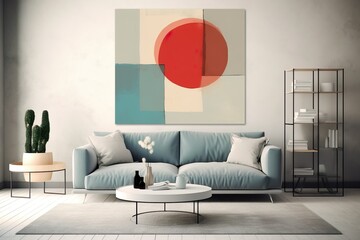 Harmony in Simplicity: Hyper-Realistic Bauhaus Living Room Mockup with Hovering Canvas