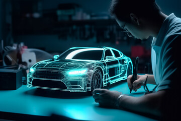 Obraz na płótnie Canvas A virtual car 3D hologram structure designed by an engineer, created using high-tech virtual tools. generative AI.