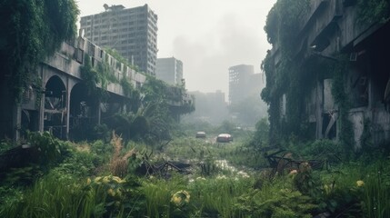 Post apocalyptic city in ruins after zombie pathogen wiped out last of humanity, nature reclaiming this urban jungle buildings with new growth of plants, dystopian future - generative ai  