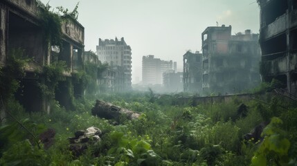 Fototapeta na wymiar Post apocalyptic city in ruins after zombie pathogen wiped out last of humanity, nature reclaiming this urban jungle buildings with new growth of plants, dystopian future - generative ai 