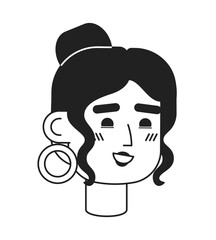 Happy latina woman wearing hoops monochrome flat linear character head. Brunette girl with tied hair. Editable outline hand drawn face icon. 2D cartoon spot vector avatar illustration for animation
