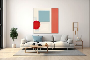 Harmony in Simplicity: Hyper-Realistic Bauhaus Living Room Mockup with Hovering Canvas