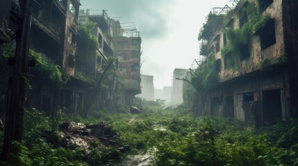Post apocalyptic city in ruins after zombie pathogen wiped out last of humanity, nature reclaiming this urban jungle buildings with new growth of plants, dystopian future - generative ai  