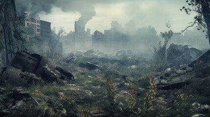 Post apocalyptic city in ruins after zombie pathogen wiped out last of humanity, nature reclaiming this urban jungle buildings with new growth of plants, dystopian future - generative ai  