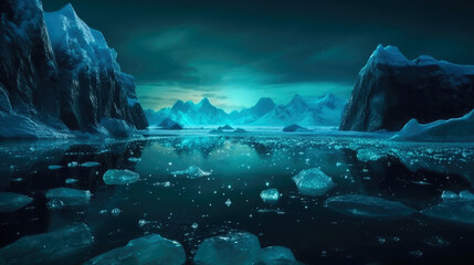 Glacial winter landscape. Winter landscape with sea and glacial. generative ai.