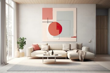 Elegant Echoes of Bauhaus: Hyper-realistic Living Room Mockup with Hovering Canvas