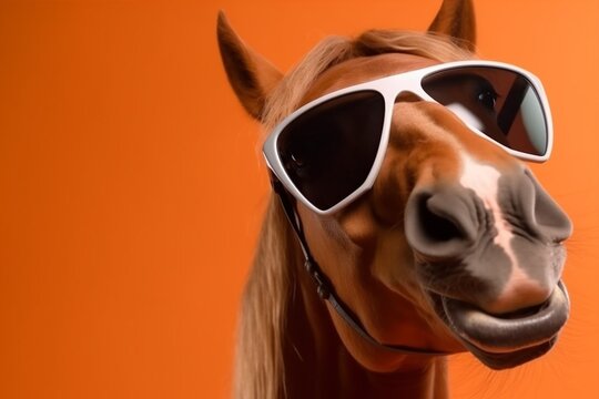 horse background portrait smile sunglasses goggles animal fun colourful funny studio. Generative AI.
