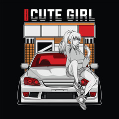 car logo design illustration with woman character and background, for printing, koas design etc © kopisenja401