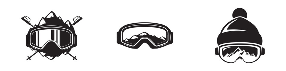 Ski, Snowboard glasses, crossed ski poles. Extreme sports logo. The reflection of the mountain slopes with glasses. Isolated on a white background. Vector illustration. Vector Graphic. EPS 10 - obrazy, fototapety, plakaty