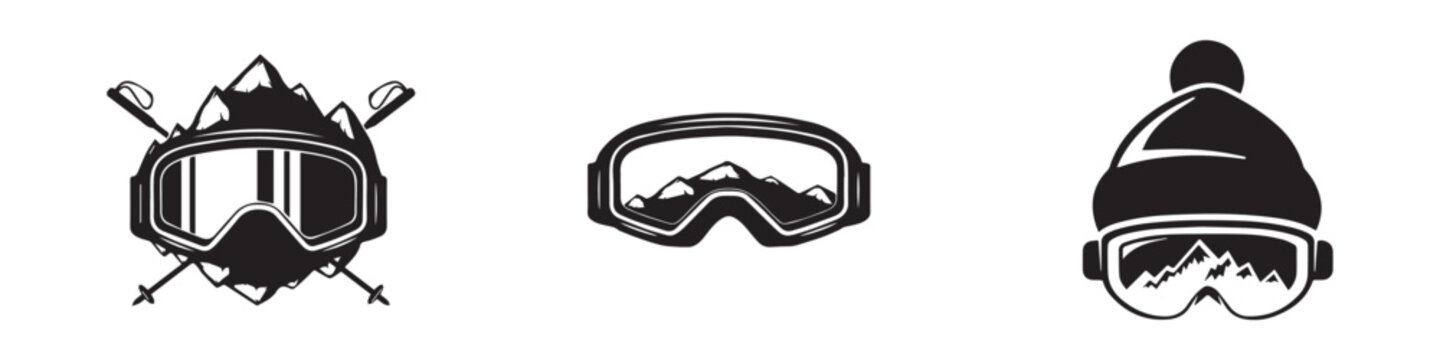 Ski, Snowboard glasses, crossed ski poles. Extreme sports logo. The reflection of the mountain slopes with glasses. Isolated on a white background. Vector illustration. Vector Graphic. EPS 10