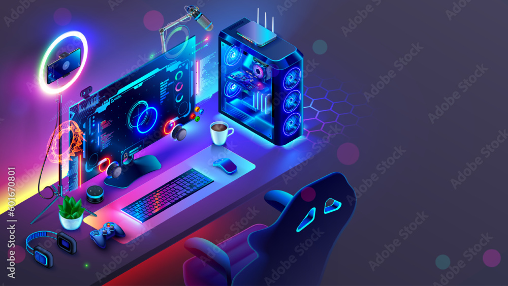 Poster gaming powerful computer or gamer rig with computer game on screen. monitor on table in gamer room w